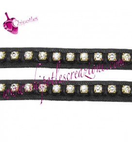 Cordoncino Piatto Pelle Nera 9 mm con Catena Strass (20 cm)