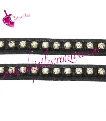 Cordoncino Piatto Pelle Nera 9 mm con Catena Strass