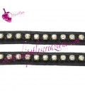 Cordoncino Piatto Pelle Nera 9 mm con Catena Strass (20 cm)