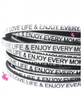 Cordoncino Pelle 5 mm con scritta LOVE LIFE & ENJOY EVERY MOMENT colore Argento