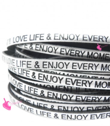 Cordoncino Pelle 5 mm con scritta LOVE LIFE & ENJOY EVERY MOMENT colore Argento