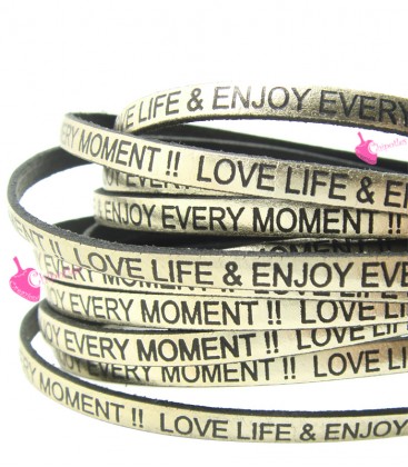 Cordoncino Pelle 5 mm con scritta LOVE LIFE & ENJOY EVERY MOMENT colore Oro Metal