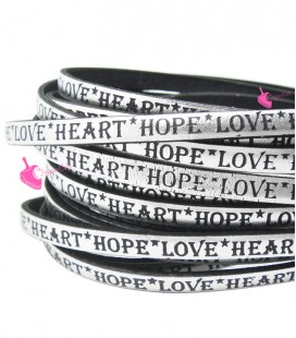 Cordoncino Pelle 5 mm con scritta LOVE HEART HOPE colore Argento Metal