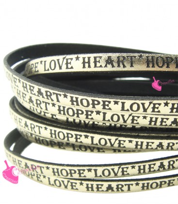 Cordoncino Pelle 5 mm con scritta LOVE HEART HOPE colore Oro Metal