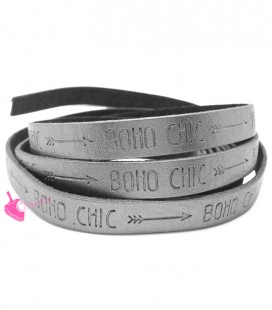 Cordoncino Ecopelle 10 mm con scritta BOHO CHIC Grigio Metallizzato