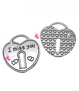 Ciondolo Lucchetto a Cuore "I miss you" 31x30 mm color Argento Antico