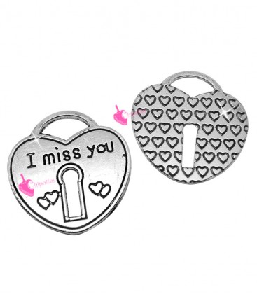 Ciondolo Lucchetto a Cuore "I miss you" 31x30 mm color Argento Antico