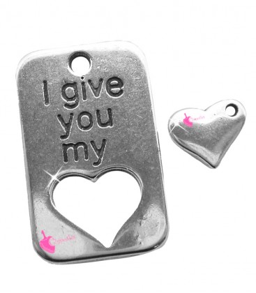 Ciondolo Targhetta "I give you my heart" 30x19 mm con Cuoricino color Argento Antico