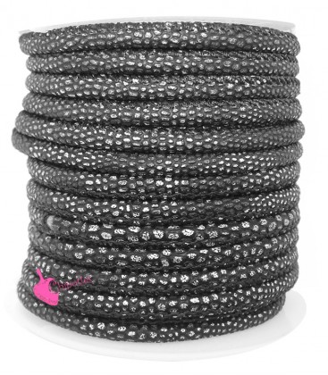 Cordoncino Tondo Similpelle Stampa Rettile 4x3 mm Nero e Argento (20 cm)