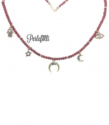 Collana Falce di Luna con Ciondoli e Rondelle Rosse