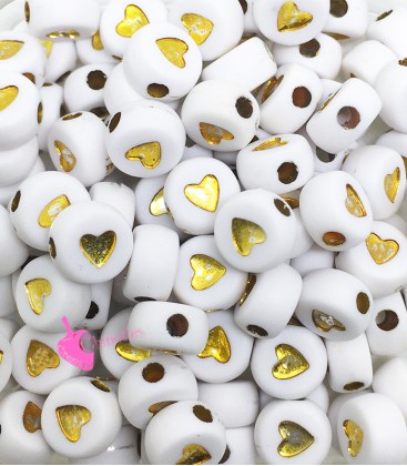 Perle Tonde Piatte Cuore mm (foro 1,3mm) Acrilico Bianco e Oro (100 pezzi)