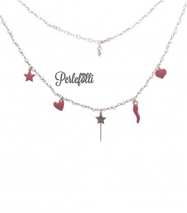 Collana Bacchetta Magica Cornetto Stella Cuori Argento 925 Rosé