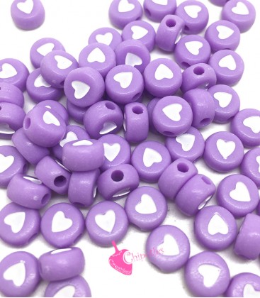 Perle Tonde Piatte Cuore mm (foro 1,3mm) Acrilico Lilla e Bianco (100 pezzi)