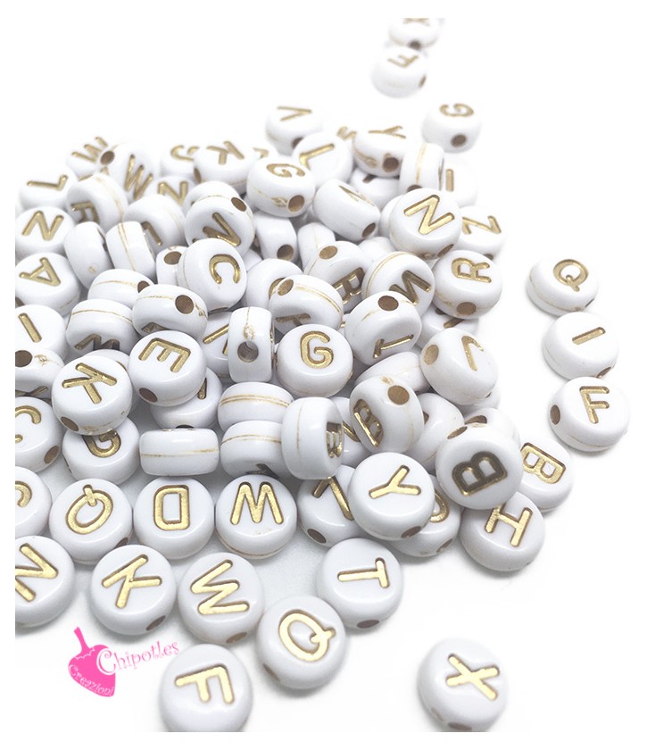 Perle Lettera Alfabeto 7 mm Acrilico Bianco e Oro