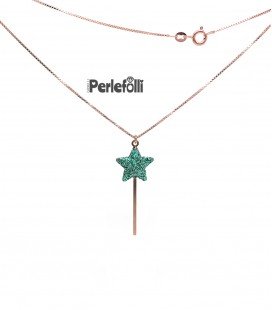 Collana Bacchetta Magica Grande Verde Glitter Argento 925 Rosé