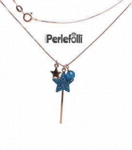 Collana Bacchetta Magica Grande Azzurra Glitter Argento 925 Rosé