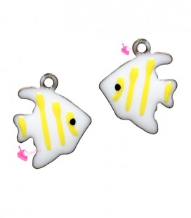 Ciondolo Pesce Smaltato 12x10 mm Bianco Righe Gialle 