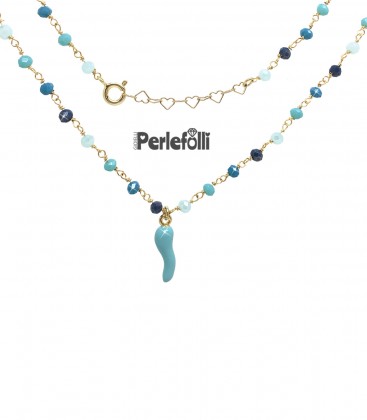 Collana Cornetto Turchese Portafortuna Smaltato Argento 925 Oro