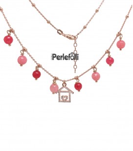 Collana Casetta con Cuore Zirconi e Perle Argento 925 Oro Rosa