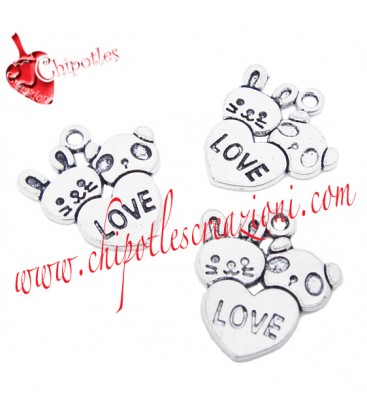 Ciondolo Cuore Love Panda e Coniglio 20x18 mm colore Argento Antico